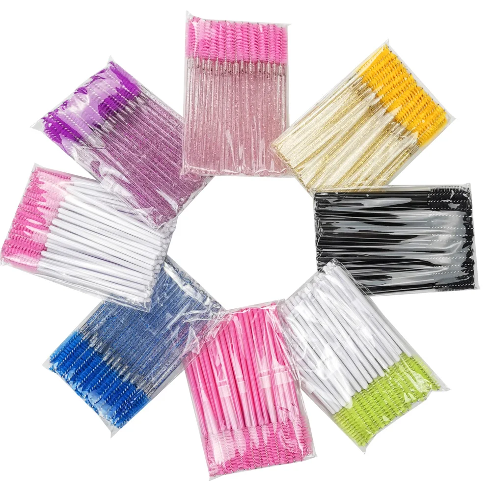 500pcs Disposable Eyelash Brushes Eyelash Mascara Applicator Crystal Eyelash Makeup Brush Eyelash Extension Tool Shiny Handle