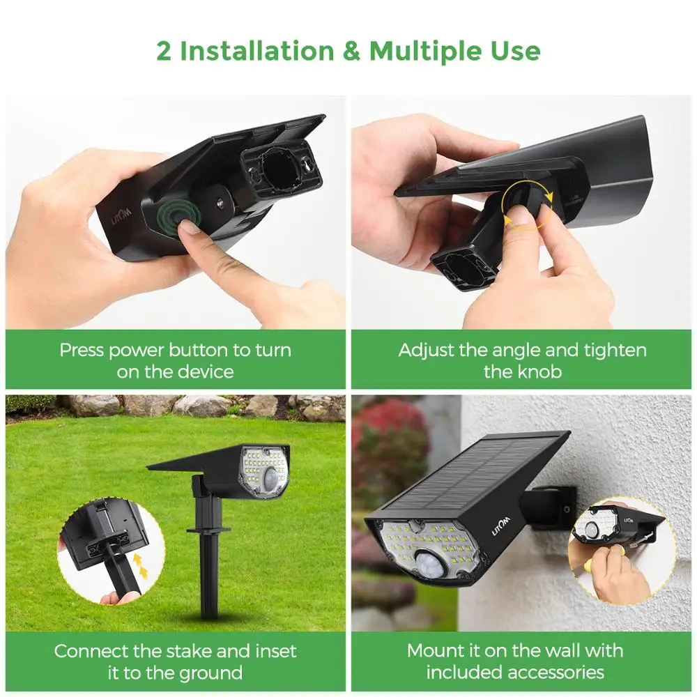 2 Pack LITOM 30 LED Solar Landscape Spotlights PIR Motion Sensor Wall Light with 3 Optional Modes 2-in-1 Garden | Лампы и освещение