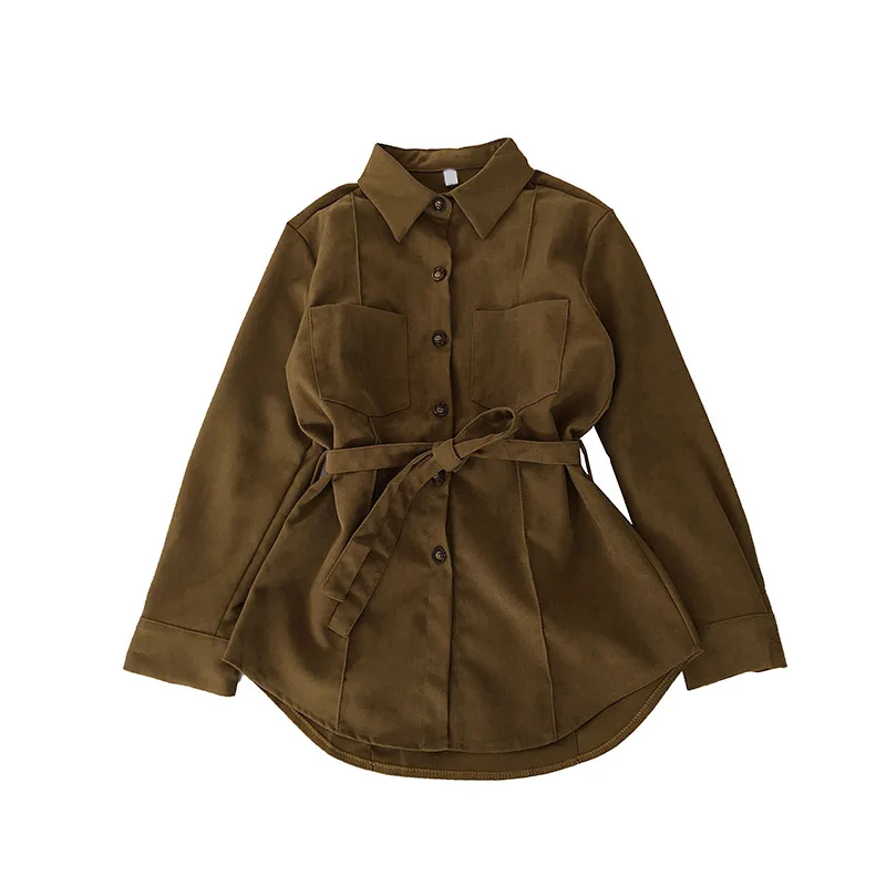 

Autumn and Winter Korean-Style Retro Solid Color All-match Lapel Single-Breasted Lace-up Waist Hugging Midi Shirt Jacket