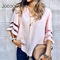 v neck flared sleeves mesh patchwork shirts summer oversized casual loose mesh women blouse pink street womens tops blouses