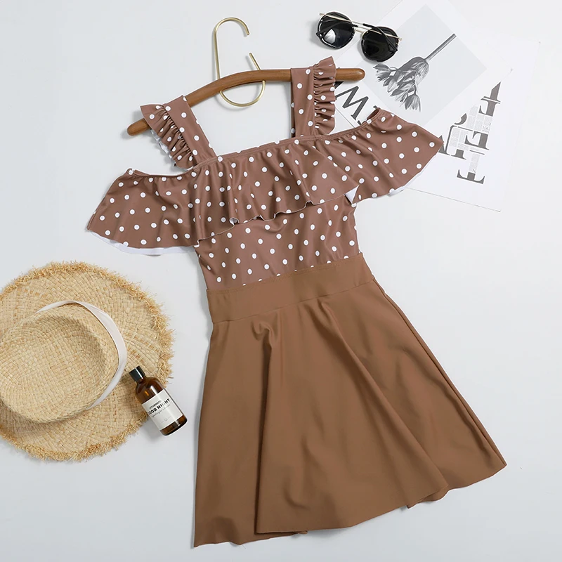 Цельный купальник для женщин с рюшами на плечах в горошек купальный костюм пуш ап