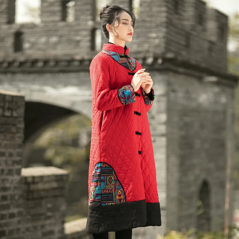 Chinese Ethnic style woman cotton padded clothes Linen hemp Vintage Robe contrast splicing cardigan cotton padded Trench coat