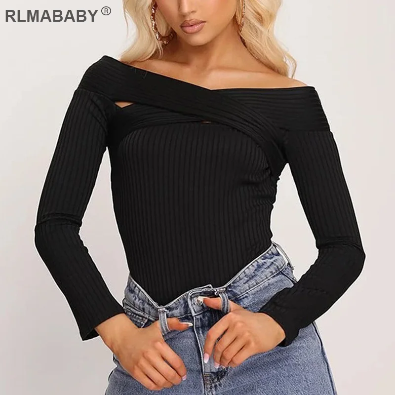 

RLMABABY Criss-Cross Off Shoulder Sexy Women Bodysuit 2019 Autumn Winter Long Sleeve Rompers Jumpsuit Ribbed White Bodysuit Top