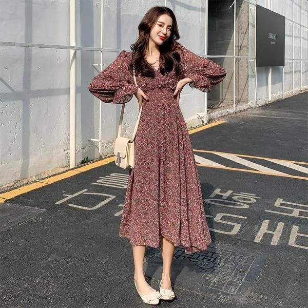 

Women's Floral Dress Chiffon Mid-Length Retro Elegant Slimming Printed Fairy Dress Small 2021 Jum
