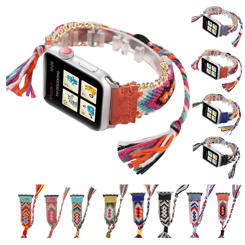 

Colorful Fabric Braided Rope Strap for Apple Watch 40/44mm 38/42mm woman Adjustable Bracelet Band Watchband for iWatch 5/4/3/2