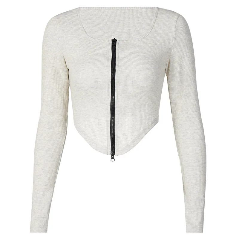 

Autumn and winter 2020 new women's jacket irregular double zipper self-fitting long-sleeved T shirt