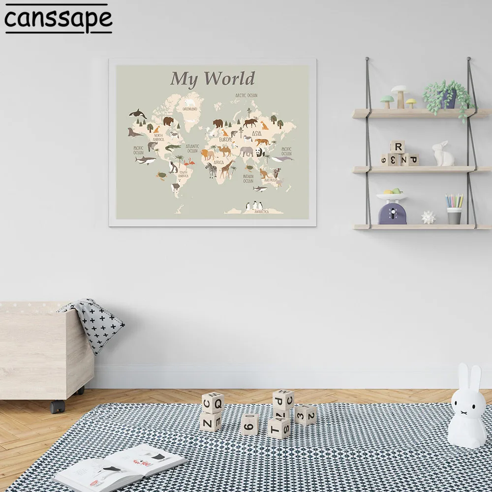 Животные Карта мира настенные картины Детские постеры и печать для детской