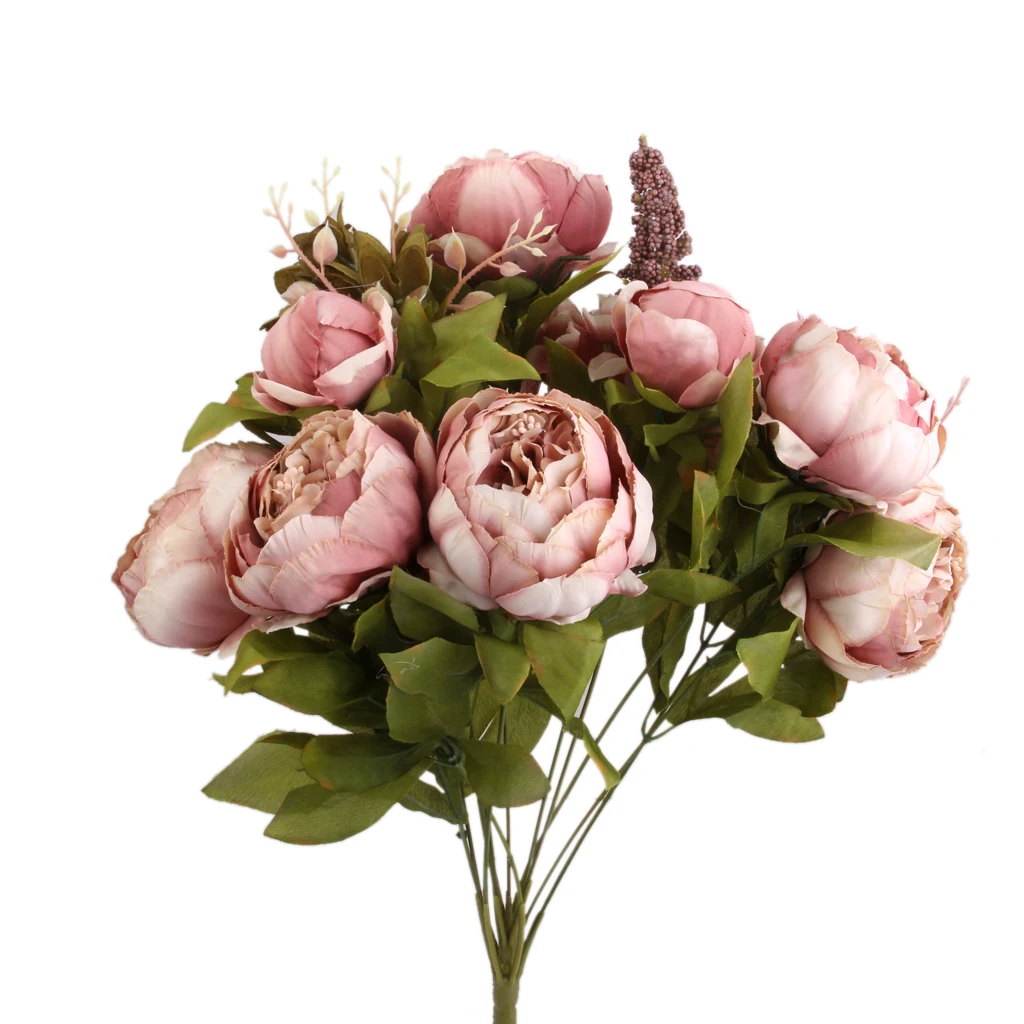 

Peony Flowers Leaf Artificial Wedding Bouquet Silk Wedding Decoration House Color Dark Pink
