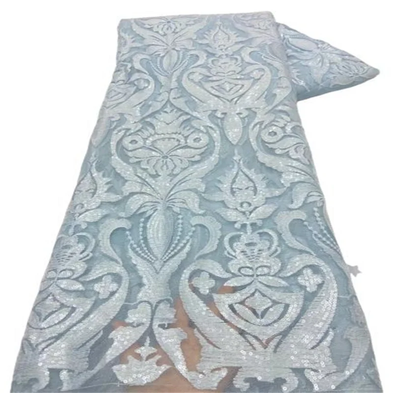 

Latest White African Sequin Lace Fabric Embroidery French Mesh Lace Fabric Sky blue With Sequins Nigerian Tulle Lace For Party