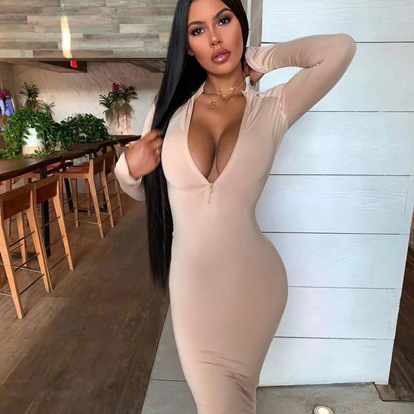 

Lusofie Autumn New Women Ankle Skirt Long Sleeve Round neck Elastic Dress Casual Solid Tight Zipper dresses fashion High street