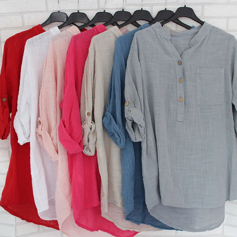 

Women Cotton Linen Stand Collar Shirt Tops Plus Size 5XL White Solid Pocket Womens Shirts 2021 Summer Spring Loose Top Female