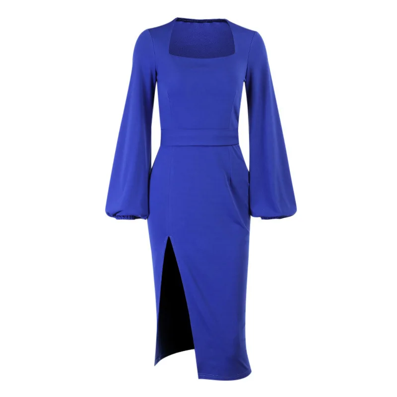 

Bodycon Dress Fashion Square Collar Side Slits Temperament Elegant Dress Sexy Slim Temperament Long Sleeve Skirt Women Dress