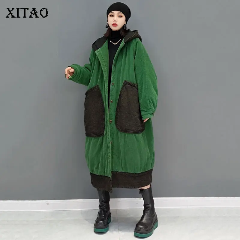 

XITAO Big Pocket Hooded Parkas 2021 Winter New Arrival Fashion Matching Color Casual Loose All-match Keep Warm Women JL0120
