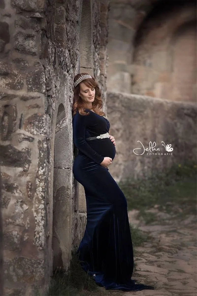 High Quality Gold velvet Fashion Maternity Tailing Casual Dress Winter Long Pregnancy Pregnant Women Photography Props Clothing | Мать и