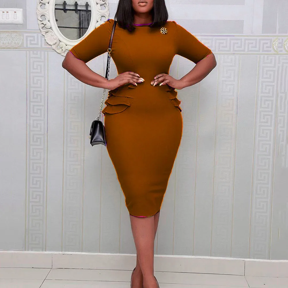 

African Women's 2021 New Western Style Temperament Commute Ruffle Solid Color Round Neck Summer Dress Oversize Summer