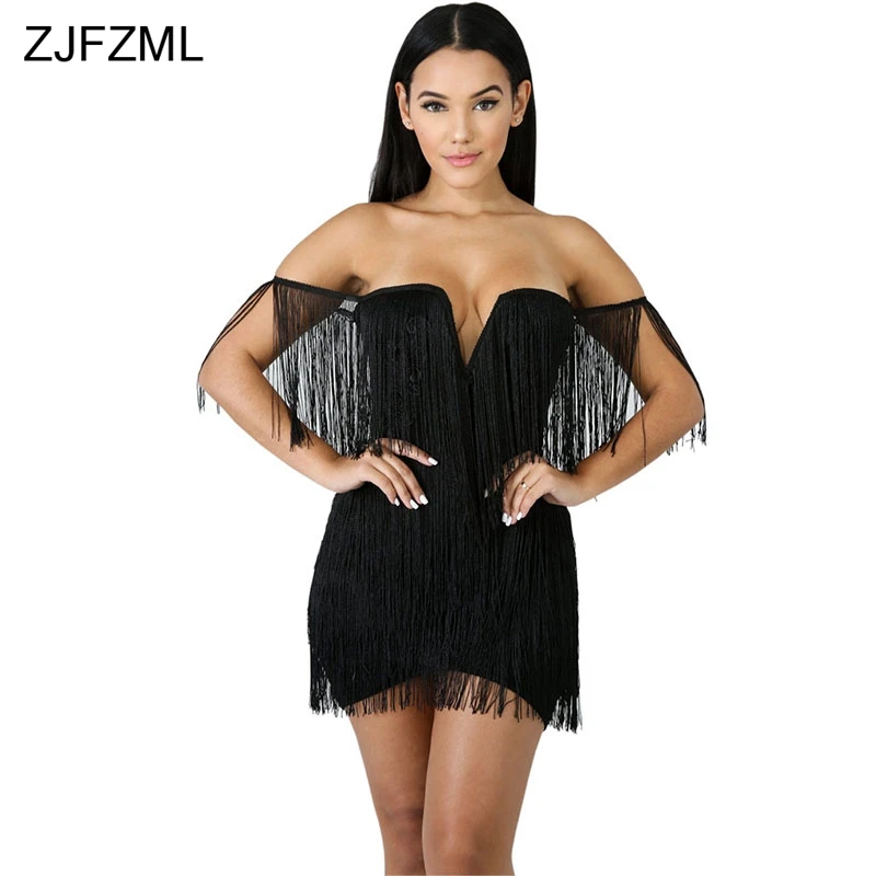 Black ZJFZML, с кисточками, вышивка, сексуальное платье-карандаш, женское, черное, с вырезом лодочкой, с открытыми плечами, Бандажное платье, элегантное, с открытой спиной, на молнии, мини-платья - Цвет: Black