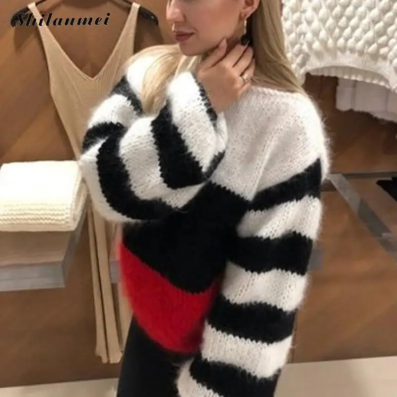 

England Style Sweater Black White Striped Loose Jumper Long Lantern Sleeve Pullovers Knitted 2019 Autumn Patchwork Sweaters