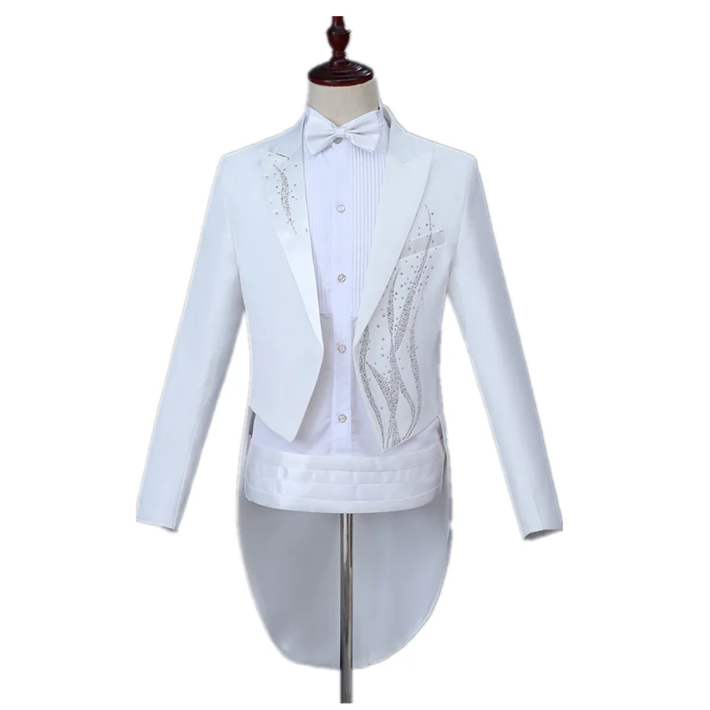

Fashion Men's Inlay Diamond Embellis White Tuxedo Wedding Party Banquet 2 Piece Set Slim Fit Lapel Tuxedo Set (Tail Jacket+Pant)