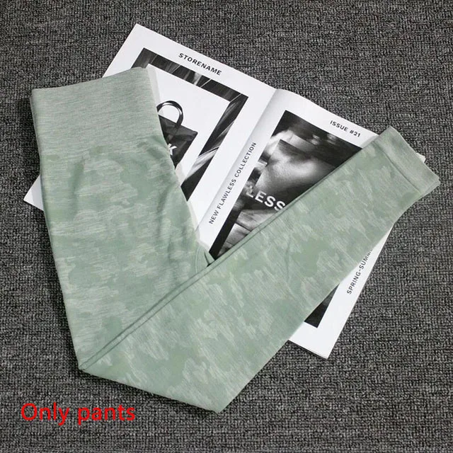 Green pants 2 шт., камуфляжный бесшовный комплект для йоги, женская одежда для фитнеса, спортивная одежда, укороченные топы с длинными рукавами+ леггинсы с высокой талией, спортивные костюмы для спортзала - Цвет: Green pants