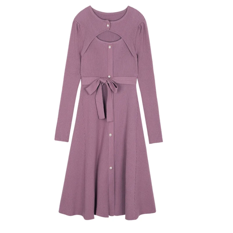

Autumn Winter 2020 Temperament Lady Design Feeling Waist Tie Up Mid Length Long Sleeve Knitted Dress Bottoming