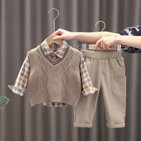 baby boys 3 piece sets 0 4 years old kids spring and autumn clothing childrens diamond check sweater vestplaid shirtoveralls