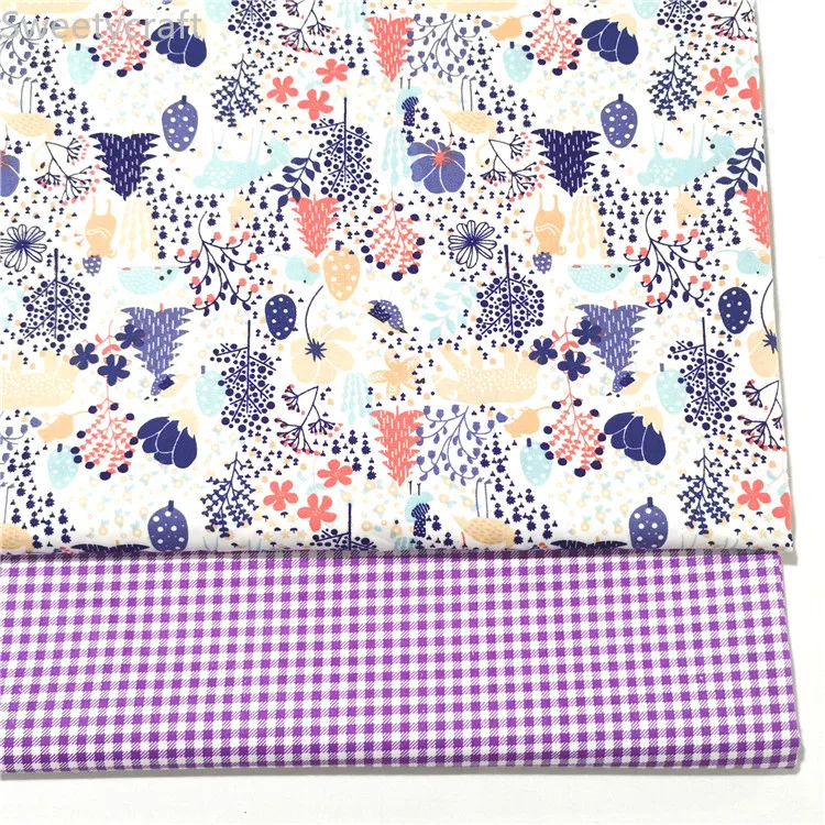 Фиолетовую клетку с принтом листьев Хлопок твил ткань по полметра DIY работа шитье