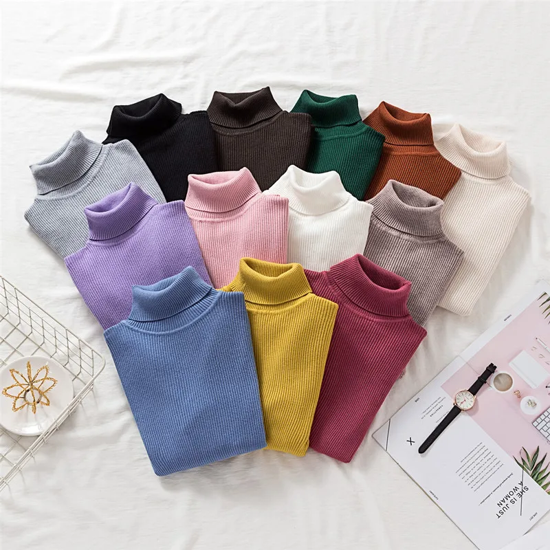 

Slim Fashion Jumper Elasticity pull sweater Knitted stripe Jersey Autumn Winter Women ladies Ribbed turtleneck pullover Femme