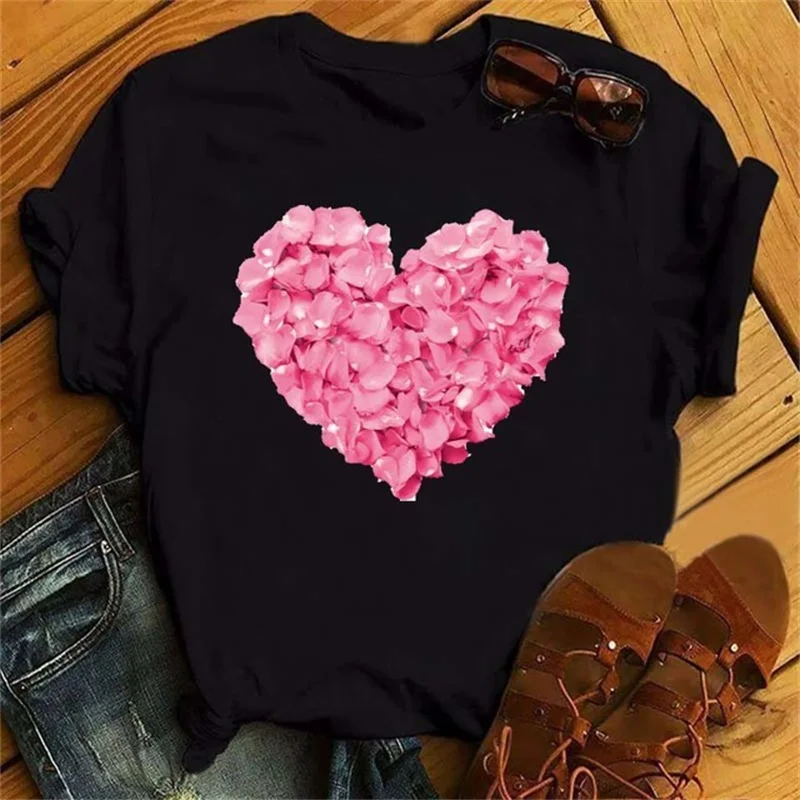 

Pink Rose Heart Printed Women T-shirts Summer Short Sleeve T-shirt Female Casual Round Neck Black Top Short Sleeve Ladies Clothe