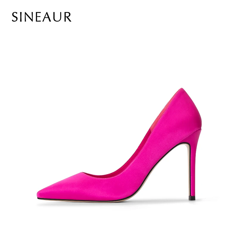 

SINEAUR Shoes For Women 2021 10CM Super High Thin Heels Pointed Toe Satin Pumps Red Office Ladies Party Dress Plus Size 35-45
