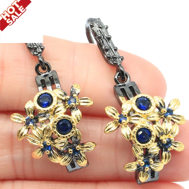 

39x18mm Neo-Gothic Vintage Created 7.3g Tanzanite Pink Tourmaline Flower For Women Black Gold Silver Earrings Eye Catching
