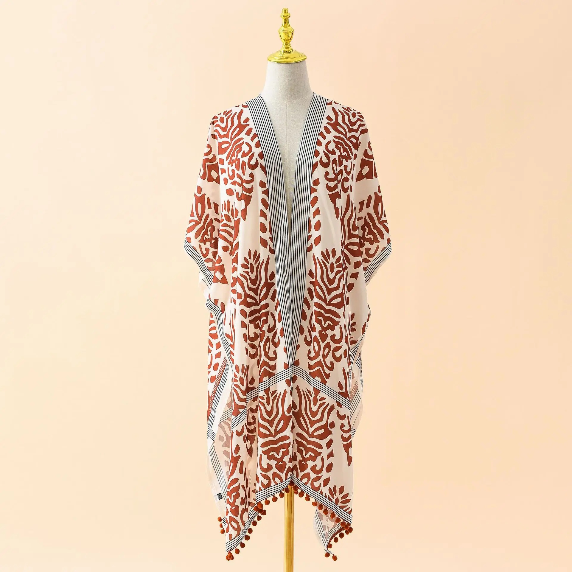 

Tassels Beach Cover Ups Chiffon Swimwear Bikini Cover Ups Plangi Sunproof Clothing Women Beach Dress Printed Kimono Summer Dress