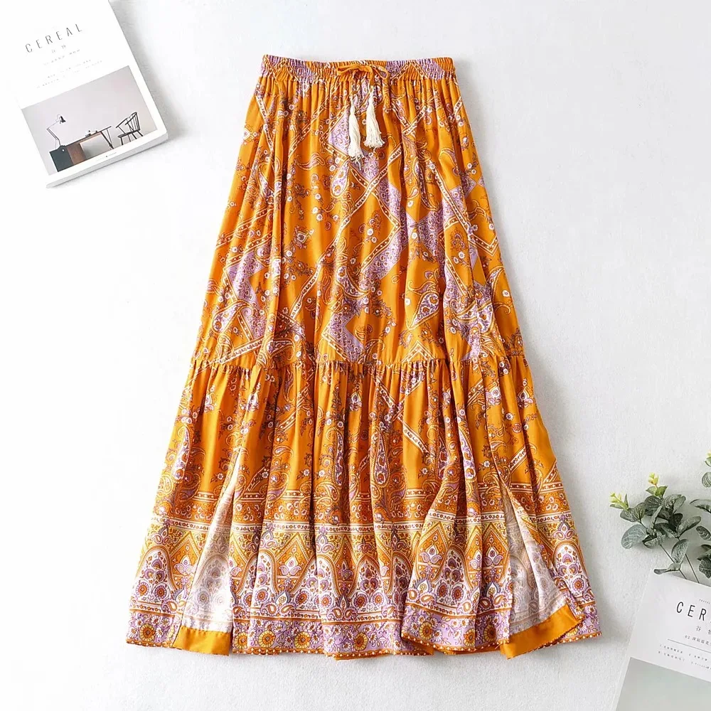 

European and American style 2021 summer new seaside holiday style slim elastic high waist rayon printed split skirt