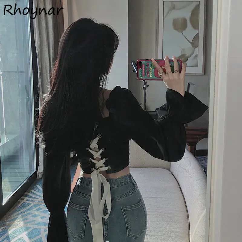 

Blouses Women Spring Bandage Streetwear Slash Neck Puff Sleeve Elegant Tender Clubwear Casual Stylish Korean Style Girlish Tops