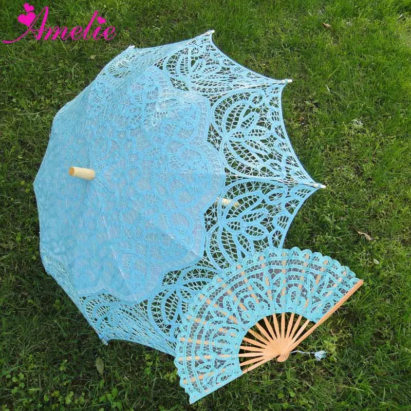 A0104 turquoise blue Ручной работы Свадебный battenberg кружевной зонтик и веер набор Свадебные невесты зонтик - Цвет: A0104 turquoise blue