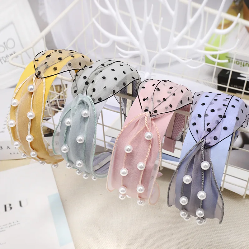 Ободок для волос женский в горошек обруч с жемчужинами и сеткой аксессуар на