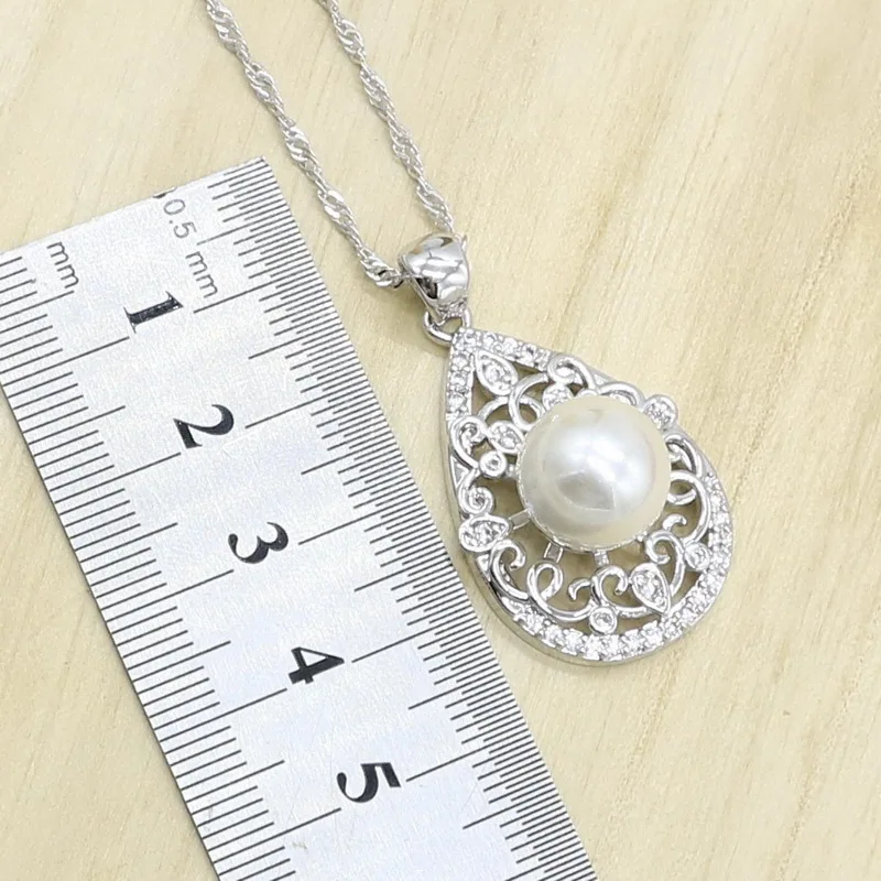 White Pearl Silver Color Jewelry Set for Women Zircon Bracelet Earring Necklace Pendant Ring Wedding Birthday Gift | Украшения и