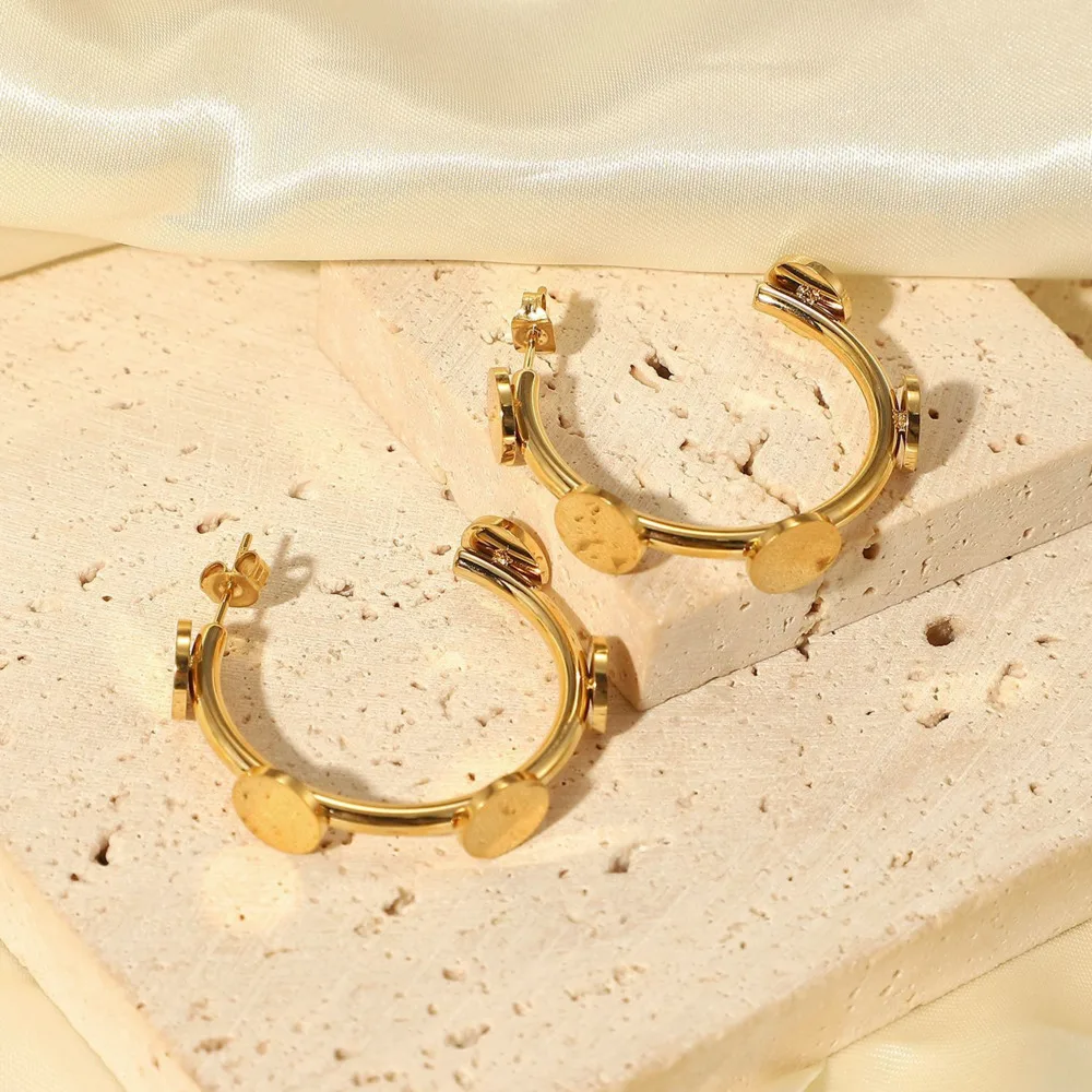 

HUHUI Disc C-shaped Earrings 14K Gold Stainless Steel Ear Jewelry For Women Girls Birthday Gift