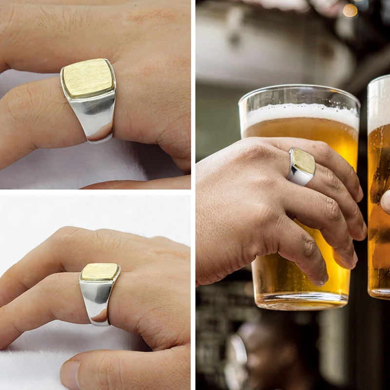 

925 Sterling Silver Men Ring Simple Gold Color Square Brushed Surface Vintage Ring for Male Women Jewelry Wholesale