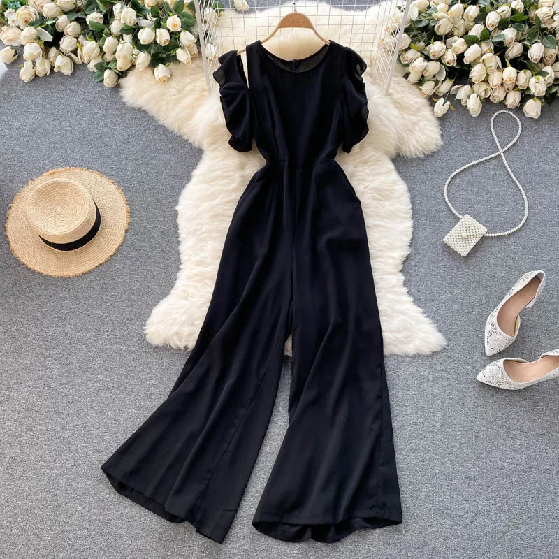 

Summer New Fashion Temperament Women's Hollow Ruffled Flying Sleeves Slim Long Temperament Jumpsuit Wide-leg Pants KK112