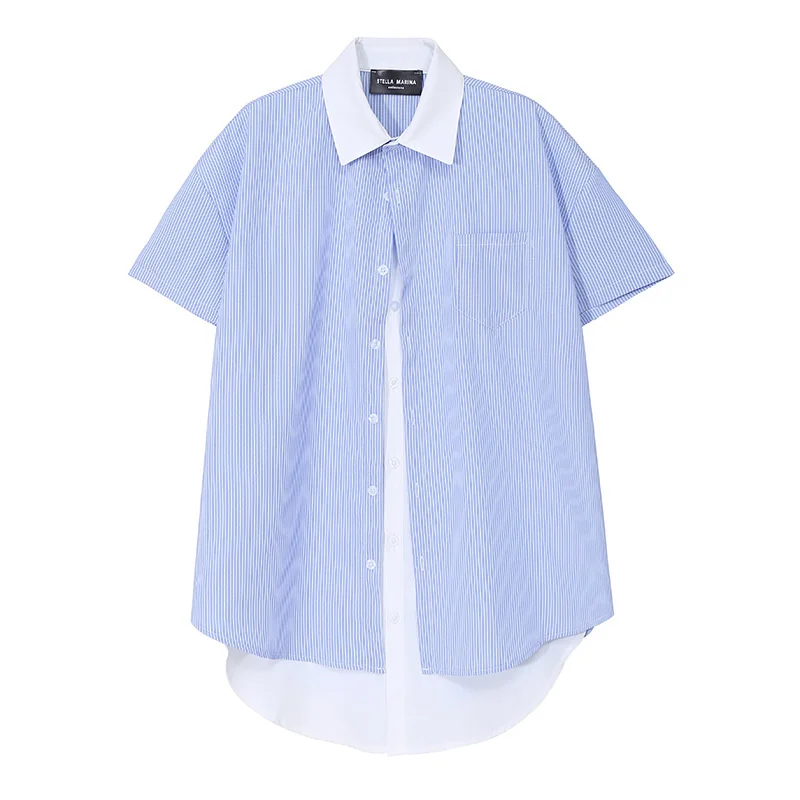 

2021 New Stripe stitching casual shirt women's sense of design niche fake two-piece Shirt Short Sleeve Top 8388