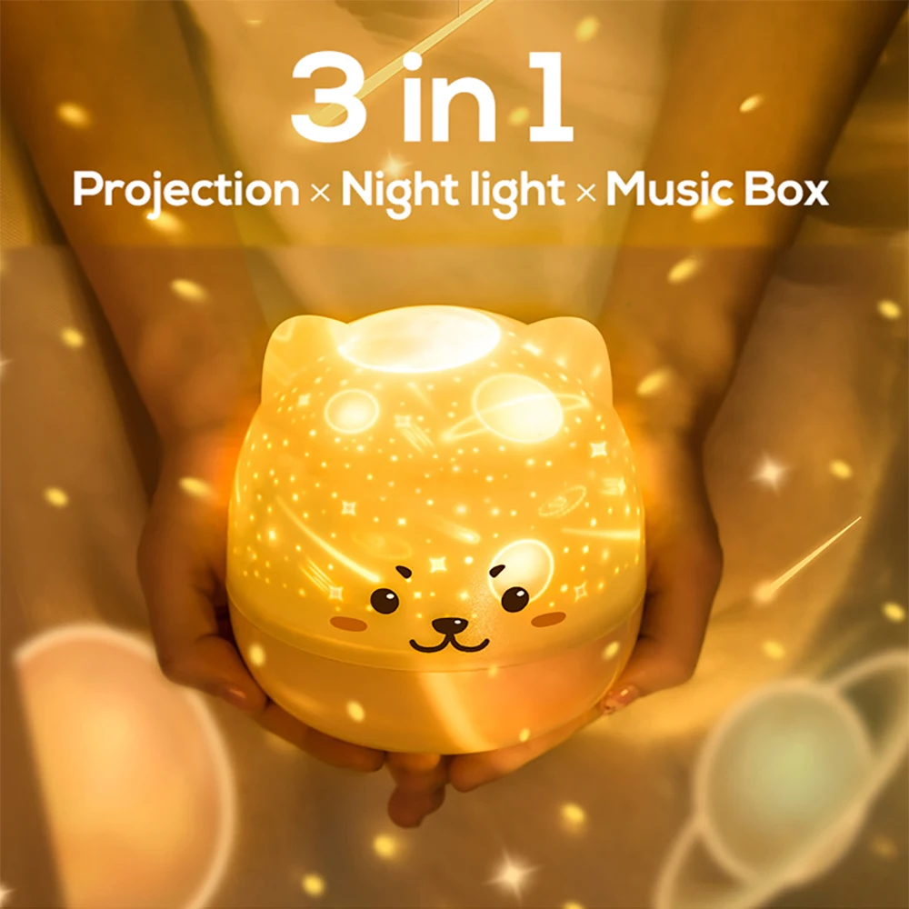 Cute Bear LED Night Lamp Starry Children Music Projector Lamp USB Rechargeable Rotate Light For Kids Bedside Bedroom Decoration