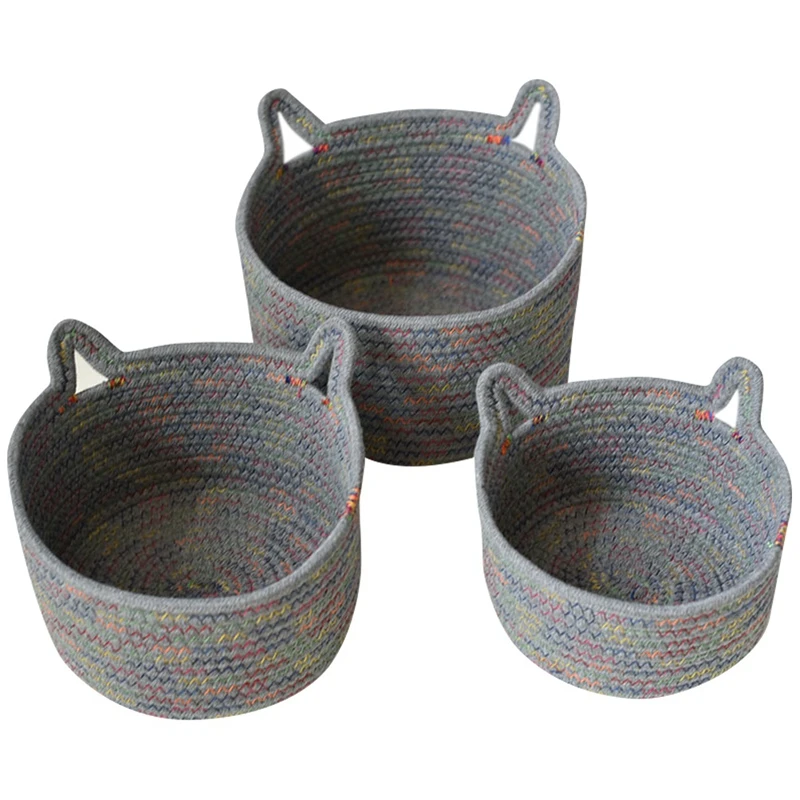 

3PCS Cotton Rope Storage Basket Handmade Woven Dirty Clothes Laundry Basket Toys Desktop Sundries Organizer Hamper