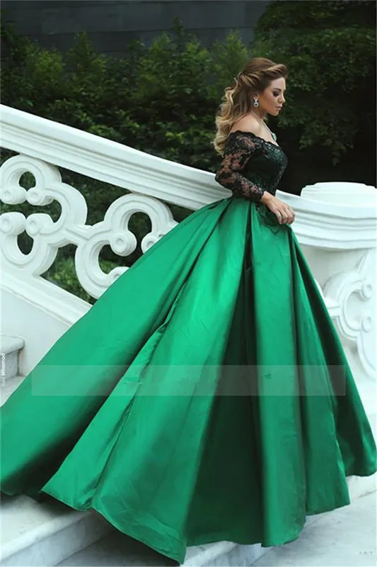 

Off-the-Shoulder Long Elegant Prom Party Dresses with Sleeves Arabic Green Satin Black-Appliques Sequins Formal Evening Gowns