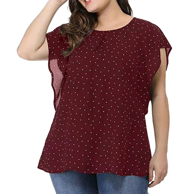 

2021 plus-size women's polka dot T-shirt loose OL commuting short sleeves round collar flounces comfortable clothes goth