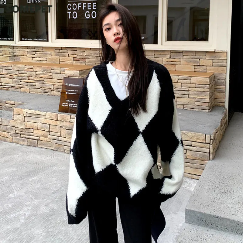 

Lazy Casual Pull Femme Loose Pullovers V Neck Argyle Sweater Knitted Autumn Retro Long Sleeve Plaid Knitwear Top Outwear
