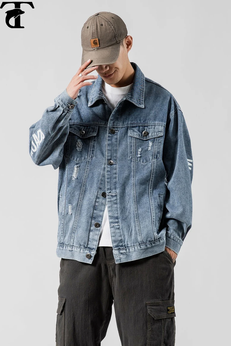 

2020 denim jacket Men spring autumn Outdoor new fashion long sleeve letter printing hole high street trend hip hop Coat cool