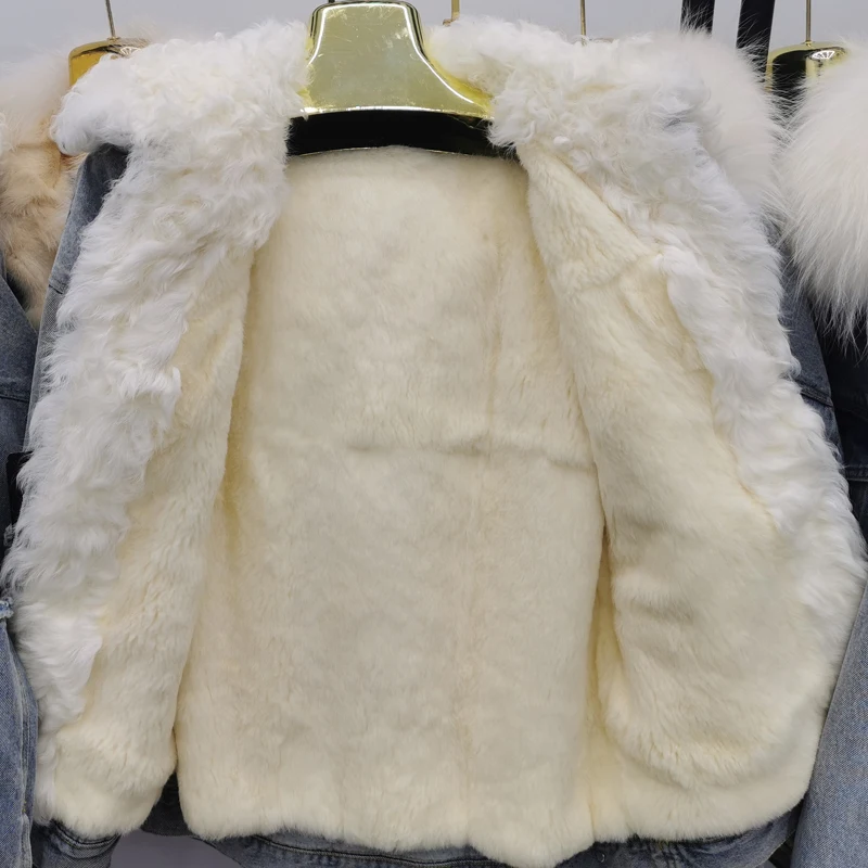 Denim Jacket Women Thicken Warm Winter Coats Cotton Padded Jackets Detachable Rabbit Fur fox Liner A lamb's  Jean Parka Coats