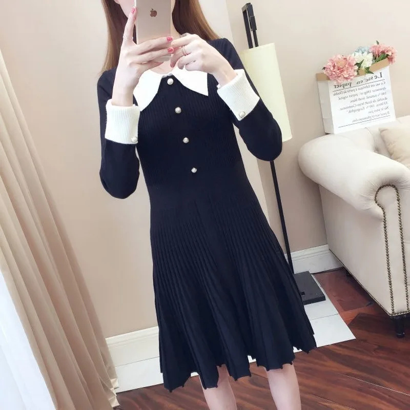 

Sweater Dresses Loose Office Ladies Winter Vestidos Elegant Women Knitted Dress O Neck Pleated Fashion Female Autumn