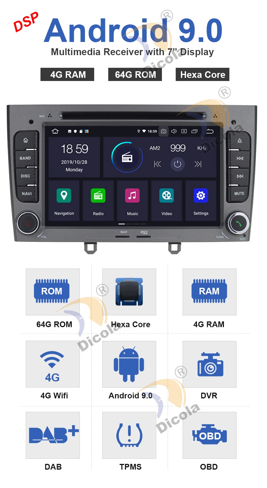 " ips DSP Hexa Core 4G+ 64G Android 9 автомобильный dvd-плеер gps Navi для peugeot 408 для peugeot 308 308SW аудио Радио стерео головное устройство