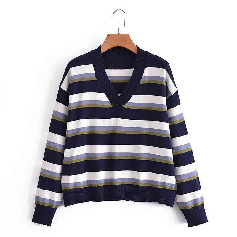 

Женский Универсальный пуловер Uniera Za, разноцветный пуловер в полоску с V-образным вырезом в стиле ретро, осень 2021